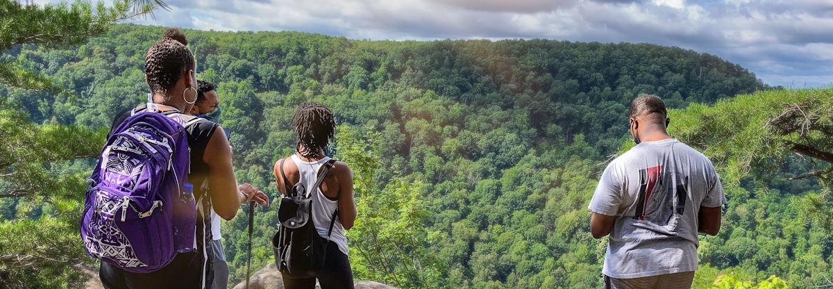 Visitors gazing at a Tennessee mountain and forest landscape from a trail overlook.